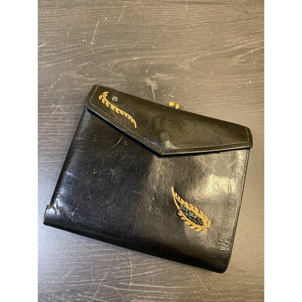 VTG Princess Gardner Black Cowhide Leather Fold Wallet Kiss Lock Embellishment